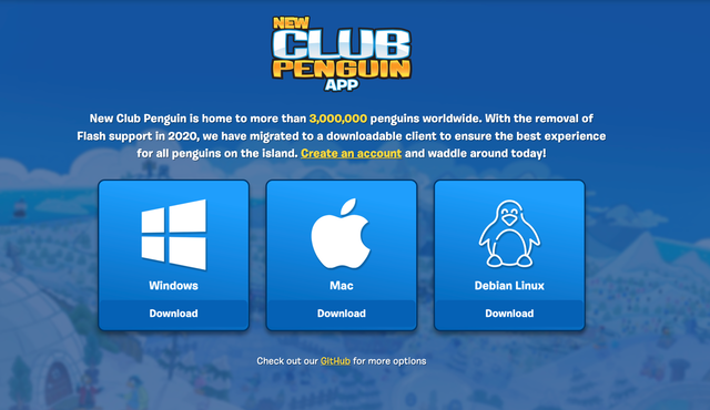 Screenshot van download pagina New Club Penguin.